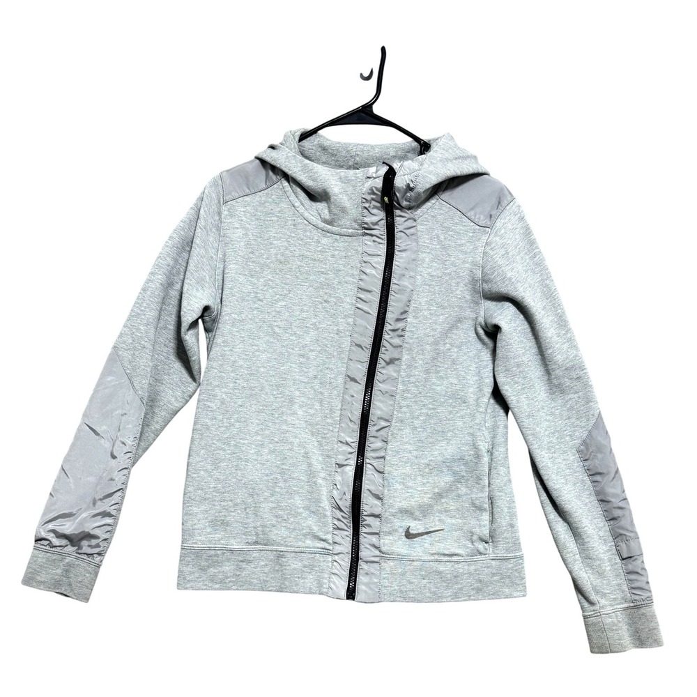 Nike Hoodie Womens‎ Small Gray Full Zip Asymmetrical Woven Overlay Athletic